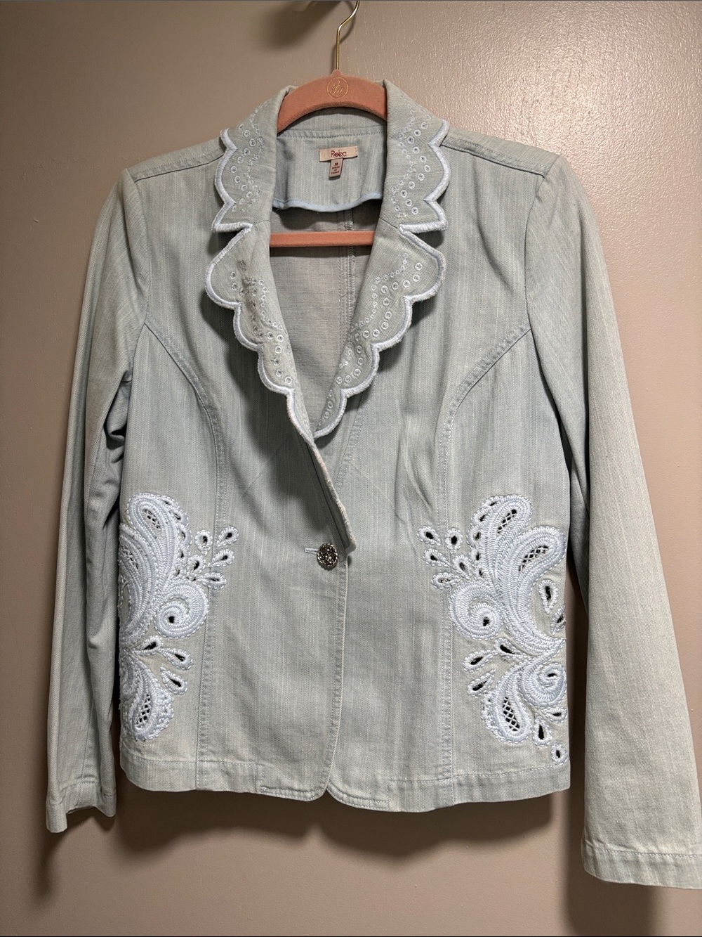 Reba Pale Blue Denim Jacket with Eyelet Embroidery